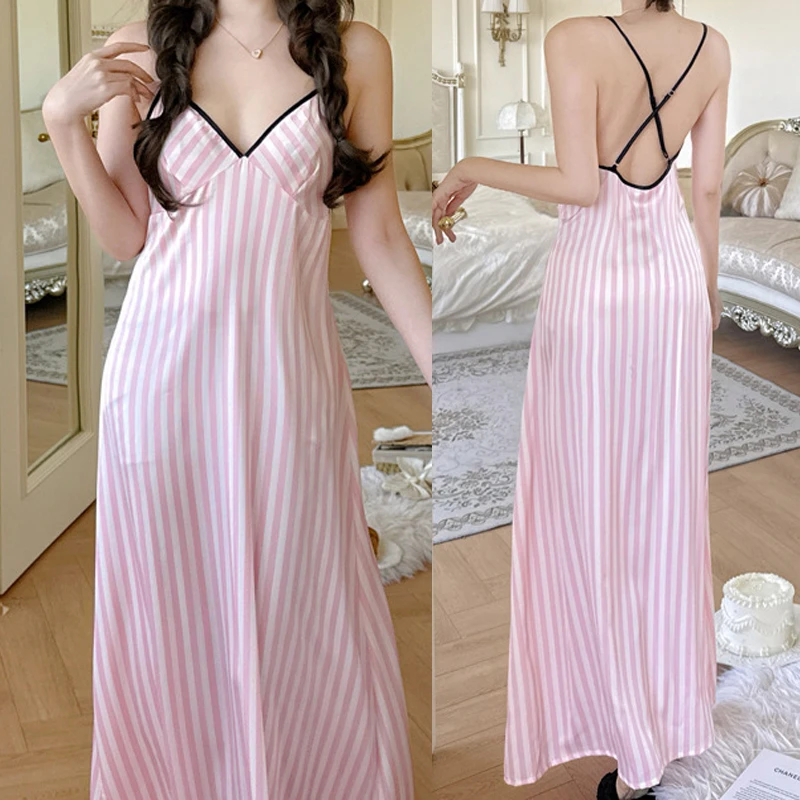 

Pink Striped Long Nightdress Women Satin Sleepwear Sexy Spaghetti Strap Female Casual Home Dressing Gown Backless Nightgown