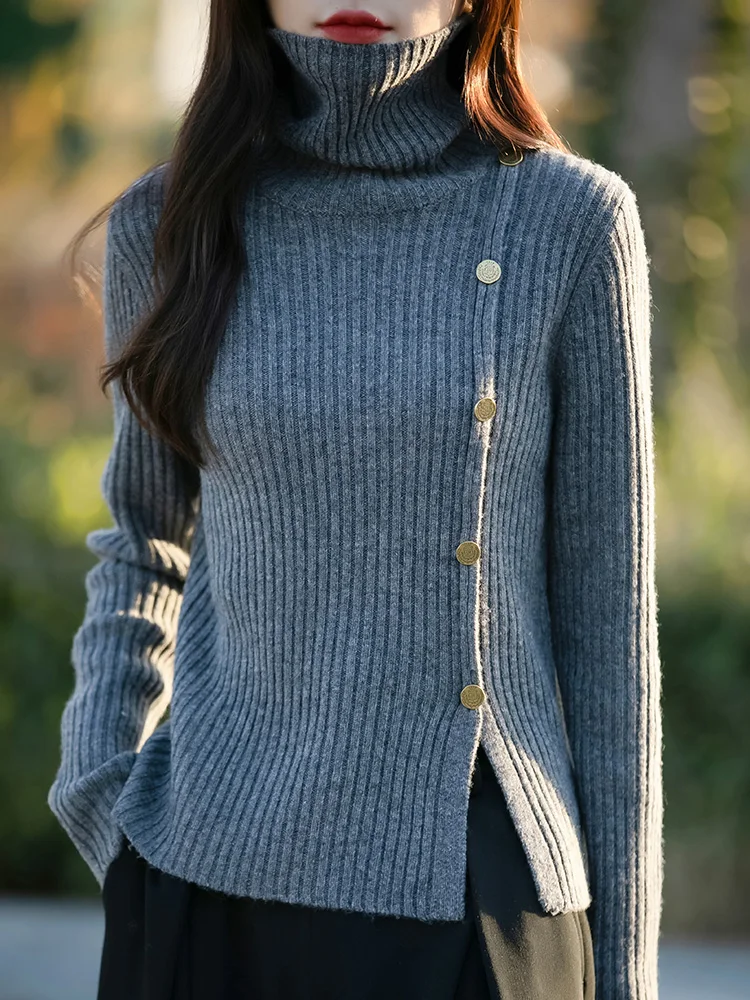 Unique Design Thiened High Collar Women's Knitted Sweater Slim Fit Side Slit Top Autumn Winter Staable Knit Base irt
