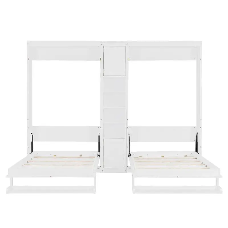 سرير ميرفي أبيض مزدوج الحجم مع خزائن ورفوف لتوفير المساحة