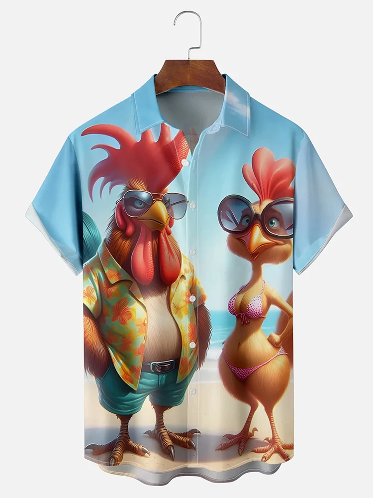 

Hawaii Beach Men's Short Sleeve Shirt Cartoon Chicken Print Men's Hawaiian Short Sleeve Shirt Seaside Fashion Mens Casual Shirt