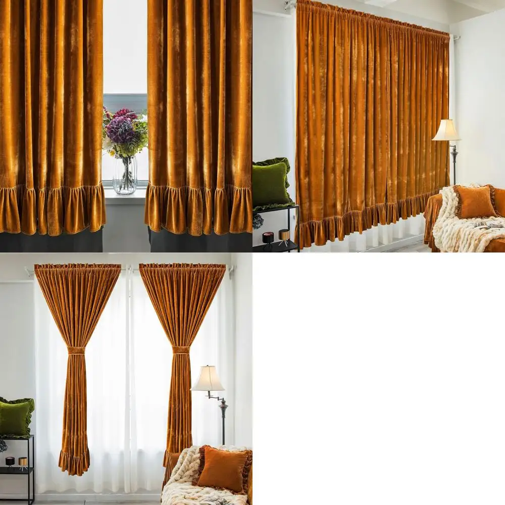 

Золотые верблюжьи бархатные шторы с рюшами, набор из 2 шт., роскошный фермерский стиль, 52x84 дюймов