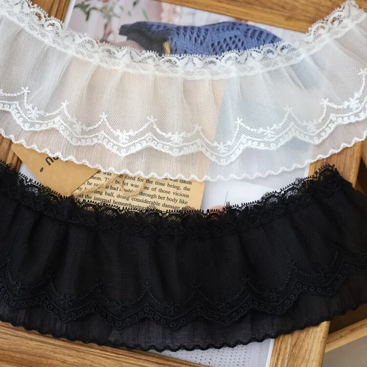 5 Meter. Breite 9 cm. Nicht elastisches, doppellagiges Plissee-Netz, bestickter Spitzensaum, Manschetten, Kragen, Materialien zum Nähen von Kleidungsstücken. – Detail 4