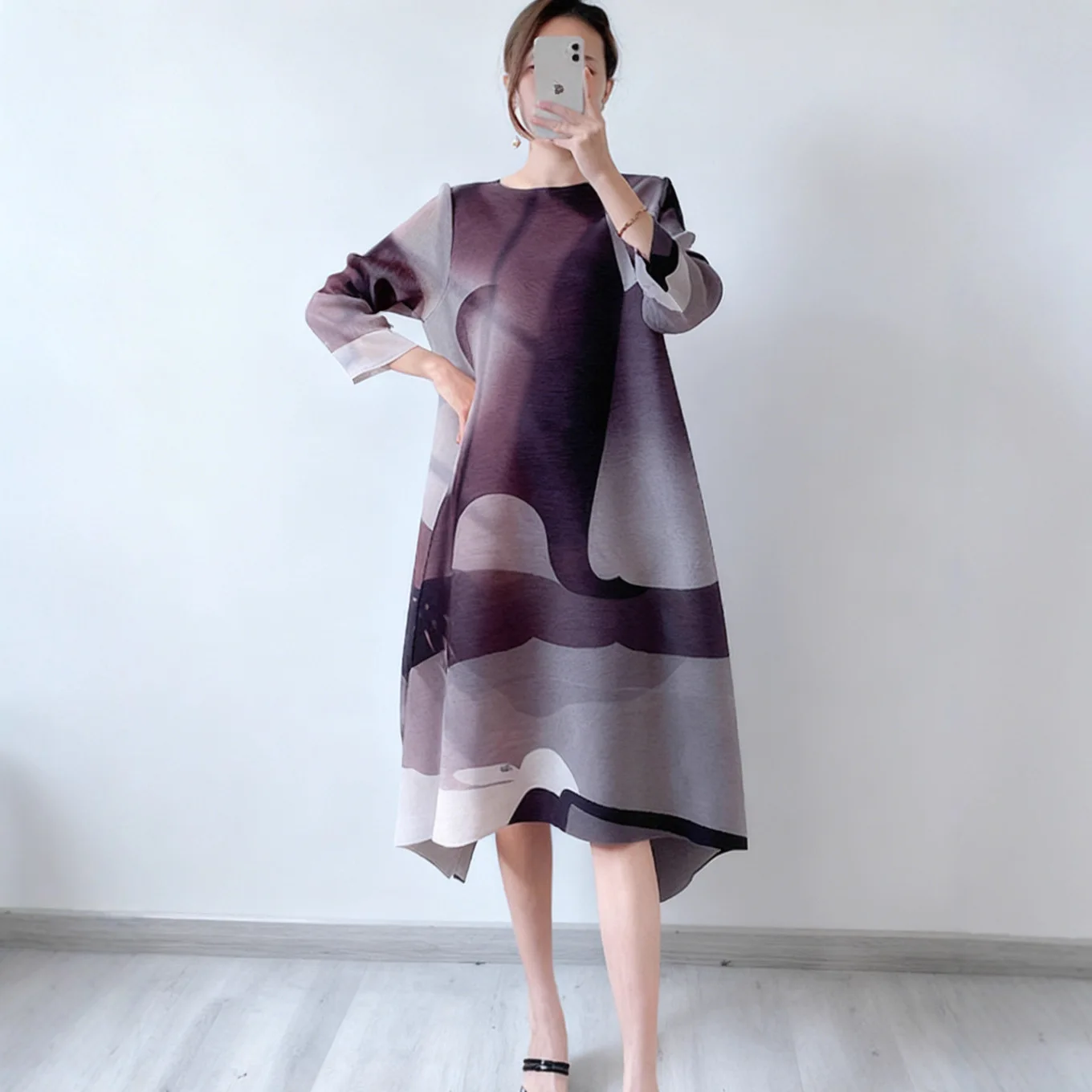

Miyake Pleated 2026 New Fall Dresses Women's Medium-length Geometric Fashion Prints Large Size Women's Loose Foreign Dresses