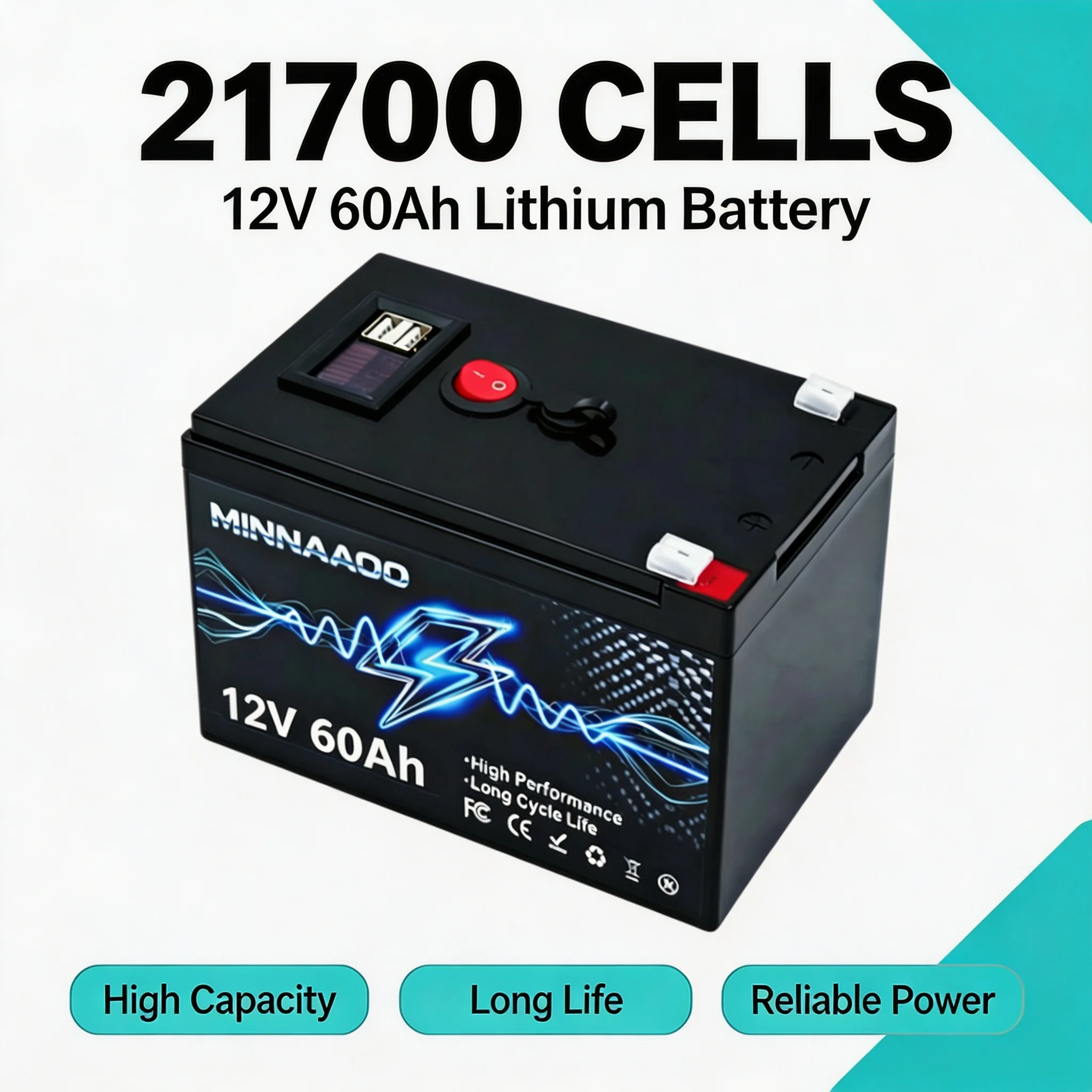 Neue 12V 60Ah LiFePO4 Lithium-Batterie, 21700-Zellen-Tiefzyklus-Akku mit integriertem BMS für Roller, Power Wheels, Fischfinder und Camping