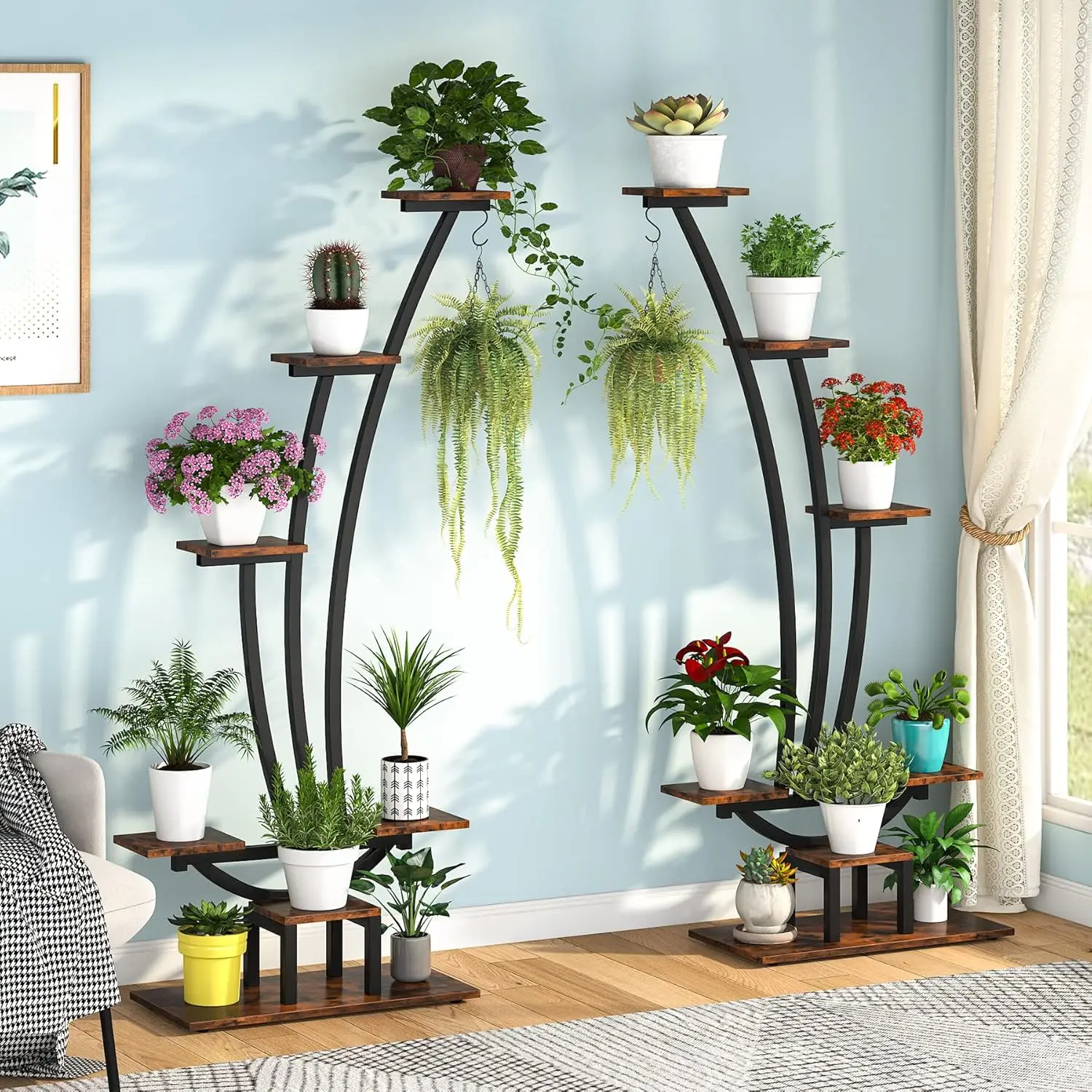 Tribesigns 6 Tier Metal Plant Stand Pack of 2, Indoor Multi-Purpose Curved Plant Display Shelf with 2 Hanging Hooks,