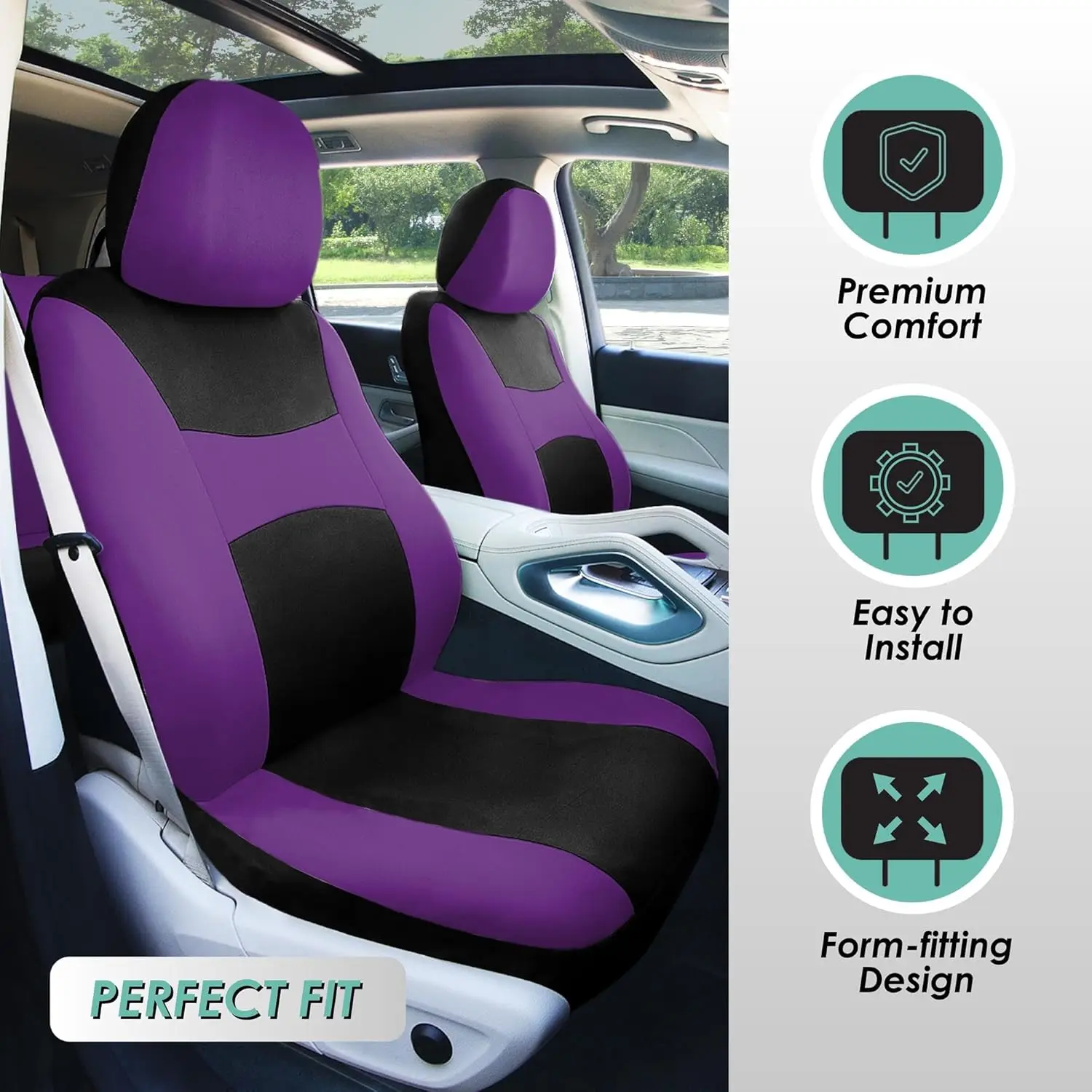 Universal Car Interior Protection: Light & Breezy Cloth, Purple/Black, Combo with Steering Wheel Cover and Floor Mats