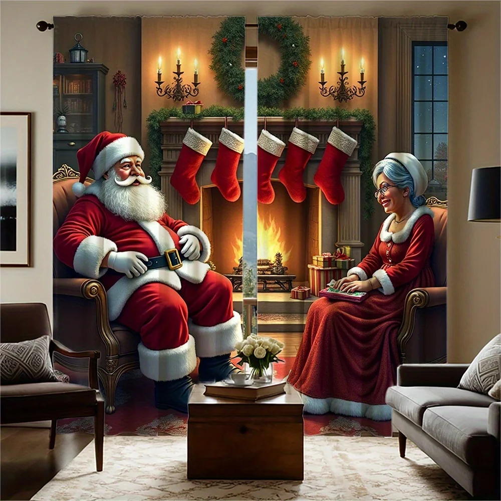 Santa Fireplace Curtains 2pcs, HD Digital Print with Stockings Wreath Fire for Living Room Bedroom Study Decor