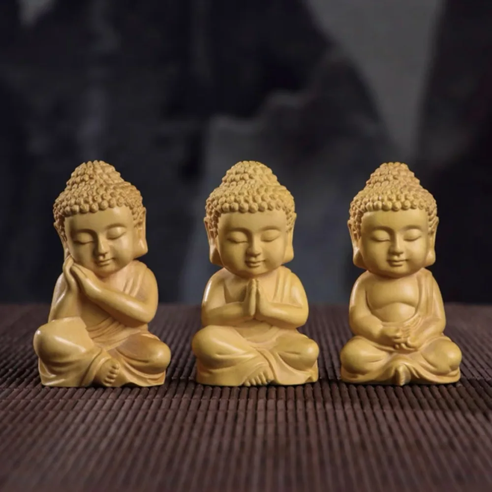 Solid Boxwood Carving Mini Buddha Ornament, Hand‑made Pocket Hand Grip, Cute Art‑Style Statue Tabletop Display Art Present