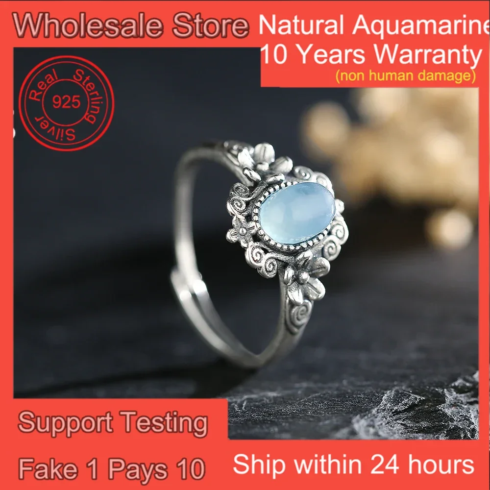 

Natural Aquamarine Stone 925 Sterling Silver Women's Rings Vintage Flower Shaped Design Adjustable Wedding Bands Jewelry Gifts