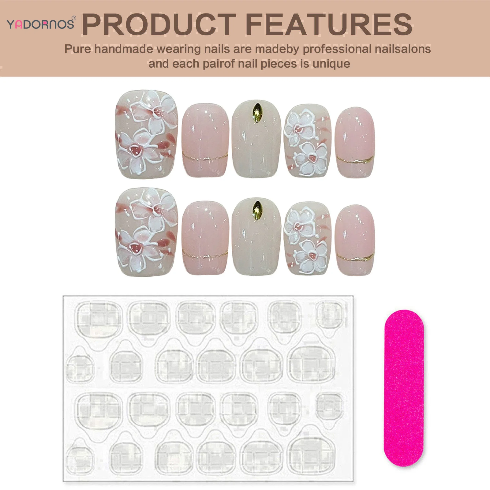 Handgefertigte rosa Nägel zum Aufdrücken, 10 Stück, kurze oder mittlere T-Kunstnägel mit Blumendekorationen, vollständige Abdeckung, wiederverwendbare Maniküre für Frauen
