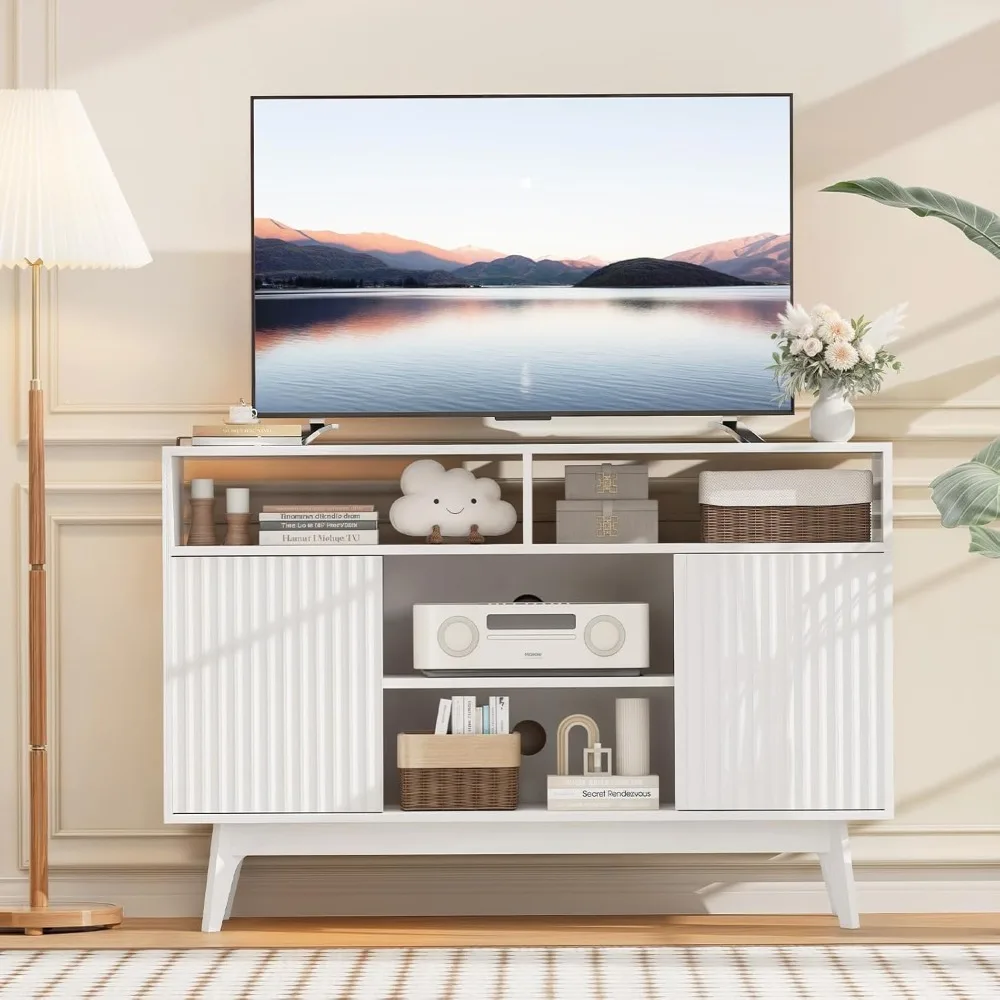 

Modern Fluted TV Stand for 60 Inch TV, Tall White Entertainment Center with Vertical Wood Slats & Solid Wood Legs, Media