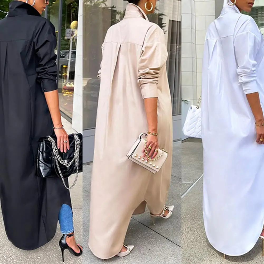 

Women Shirt Windproof Shirt Dress Versatile Hem Stylish Autumn Winter Solid Color Shirt Long Dress