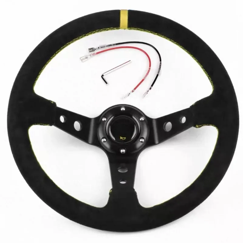 14 Inch Suede Racing Steering Wheel Deep Dish Yellow Stitch Black 3 Spoke Universal Modified Sport Drift Auto Car Interior Part