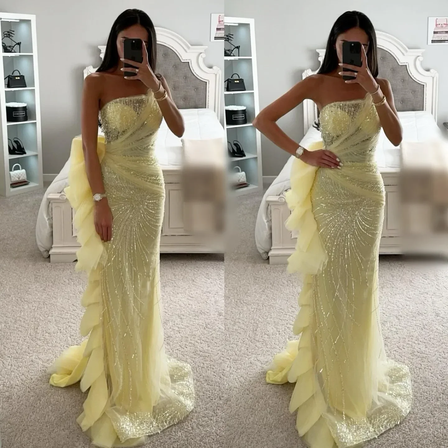 Customized Stunning Yellow Mermaid Prom Dress Crystal Strapless Evening Dresses Elegant Side Ruffle Formal Dresses for Women