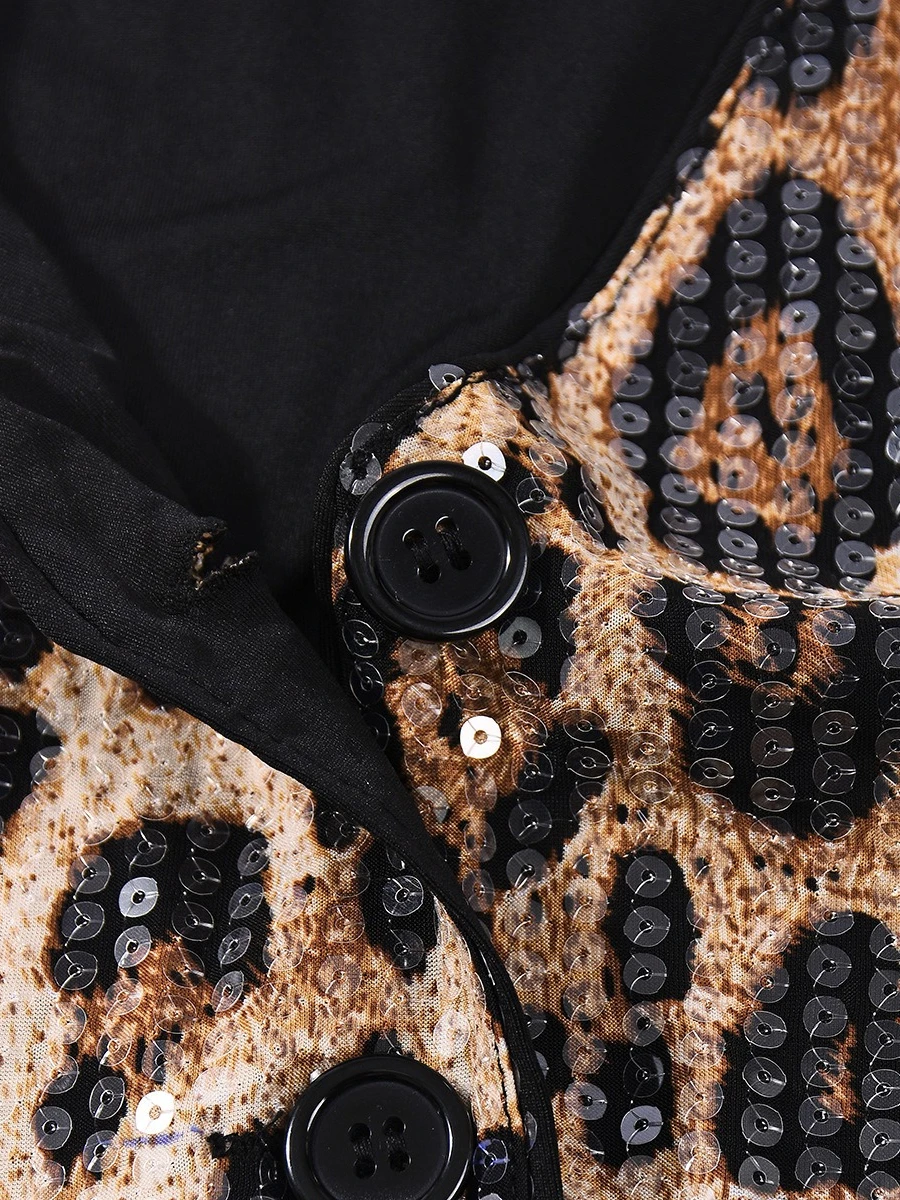 FDYOUI موضة ليوبارد مطبوعة الترتر سترة المرأة 2025 الخريف الشتاء واحدة الصدر لامعة صدرية الإناث أكمام ملابس خارجية #6