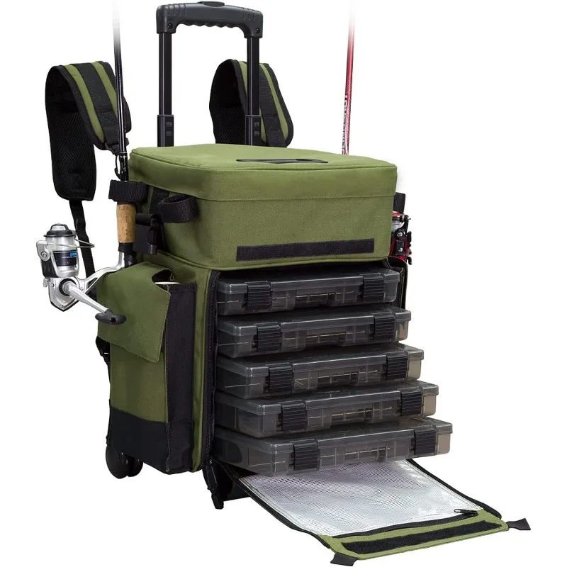 Rolling Tackle Box with Wheels - Waterproof Fishing Backpack, 5 Removable Trays, 4 Rod Holders, Gifts for Men, Fish