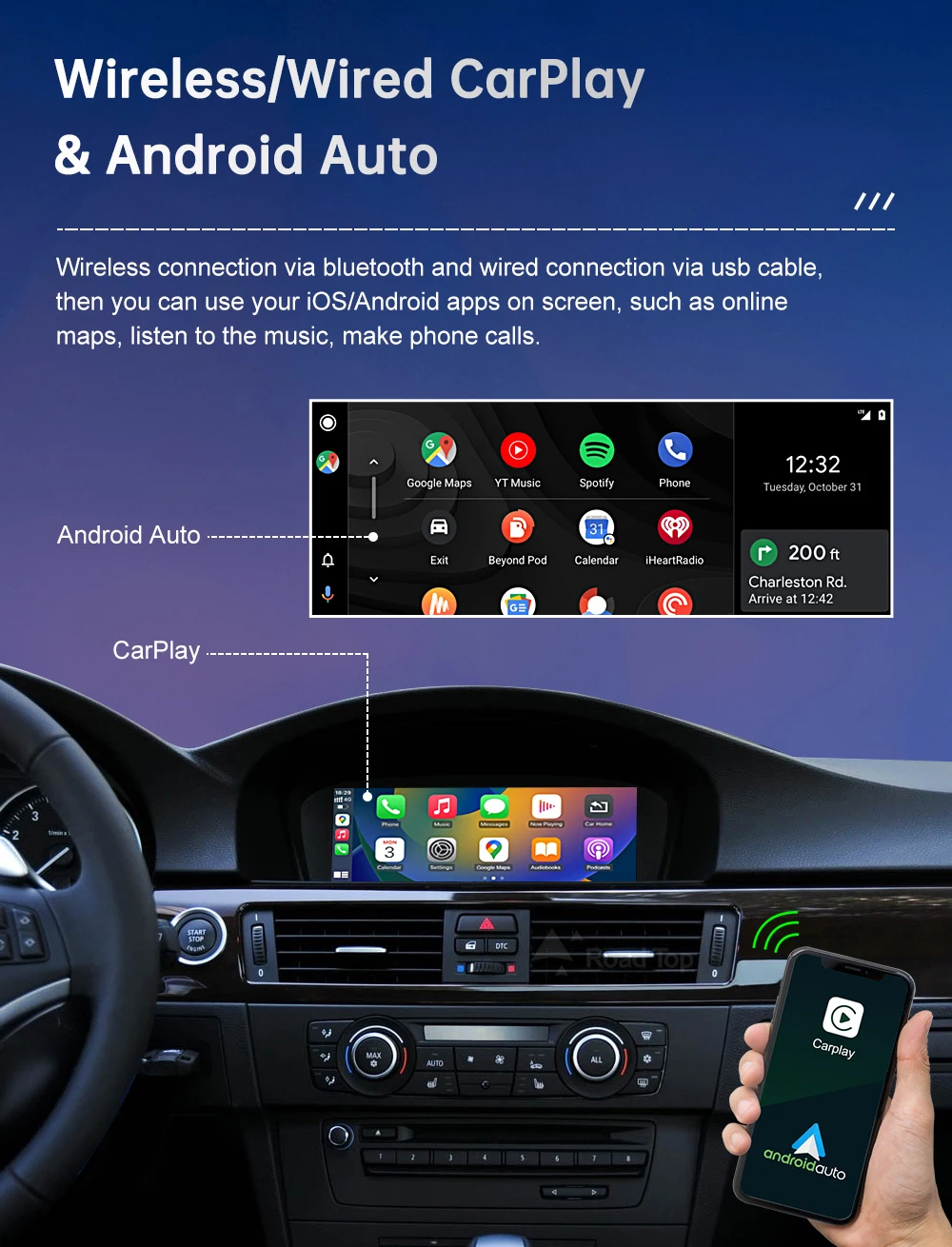 Road Top Wireless CarPlay Touchscreen für BMW 3er/5er Serie E90/E91/E92/E93 E60 E61 E62 CCC/CIC Multimedia Autoradio Android Auto – Detail 14