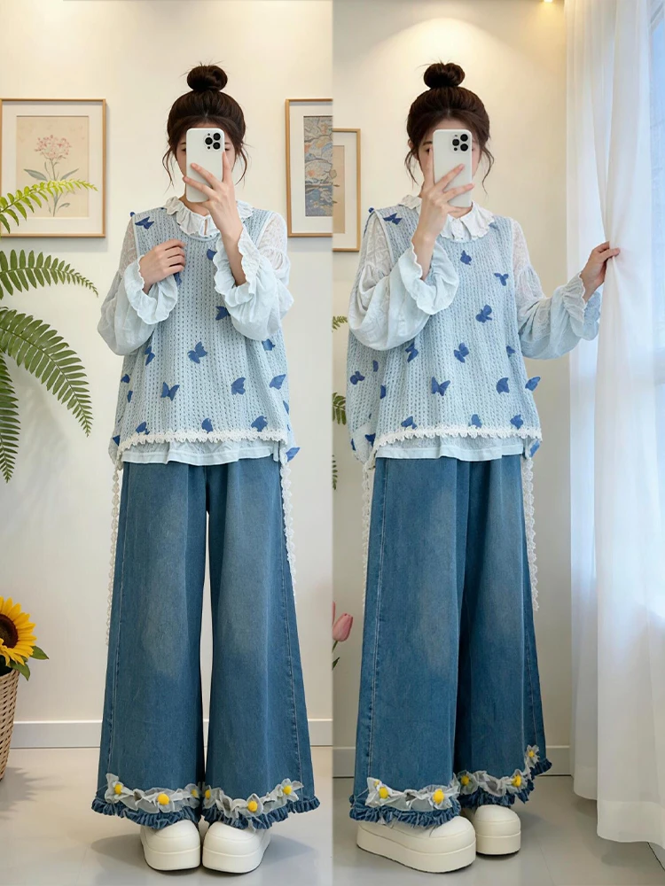 

Spring New Arrival plus Size Women's Blue Hollow out Vest Shirt Jeans Three Piece Set Comfortable Loose Fit High Waist A-Line...