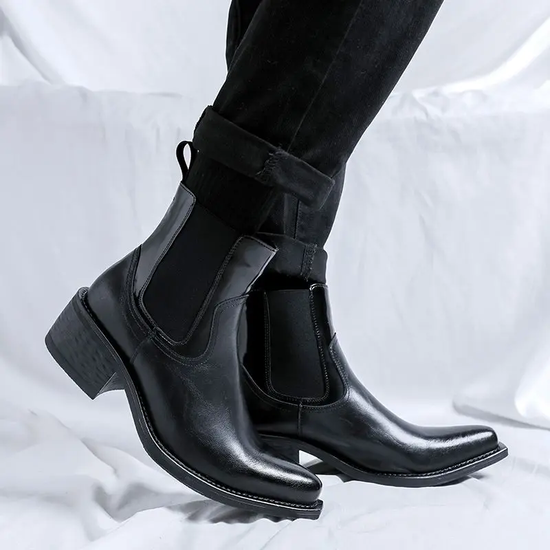 2026 Casual Pointed Tide High-top British High-heeled Wizard Men's and Women's Upturned Head Chelsea Heightening Business Boots
