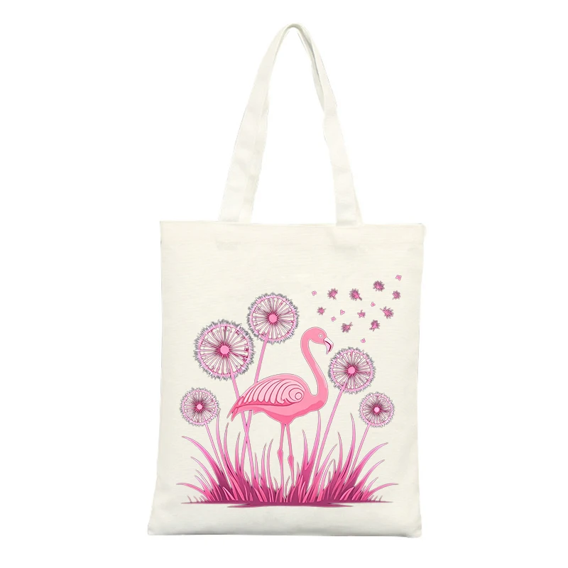 Flamingo and Dandelion Print Canvas Tote Bag, Casual Style for Daily Shopping and Summer Outings