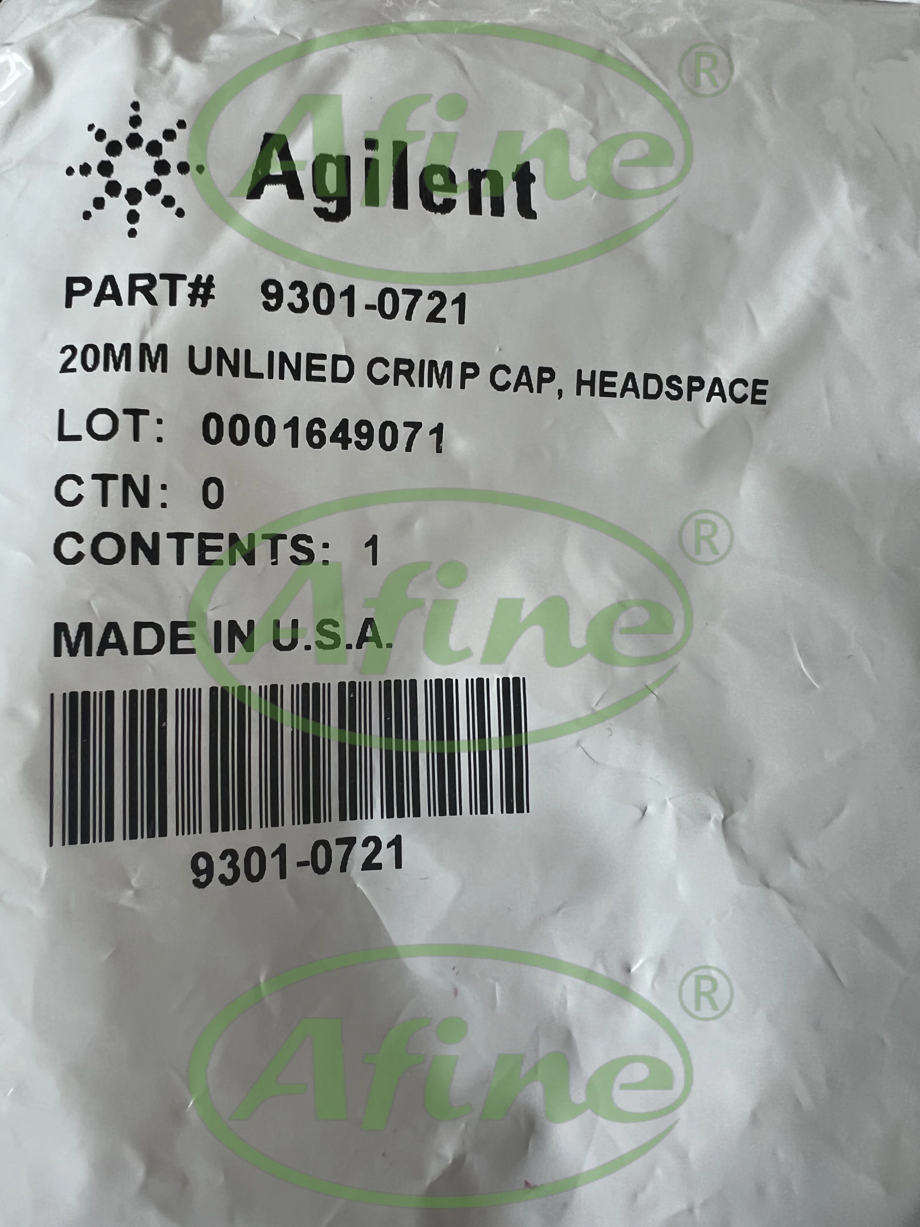 AFINE Agilent Headspace-flesjesdoppen, 9301-0721, Crimp, headspace, 20 mm, zilveren aluminium dop, geen septa, 100/pk. Kappelmaat: 20mm