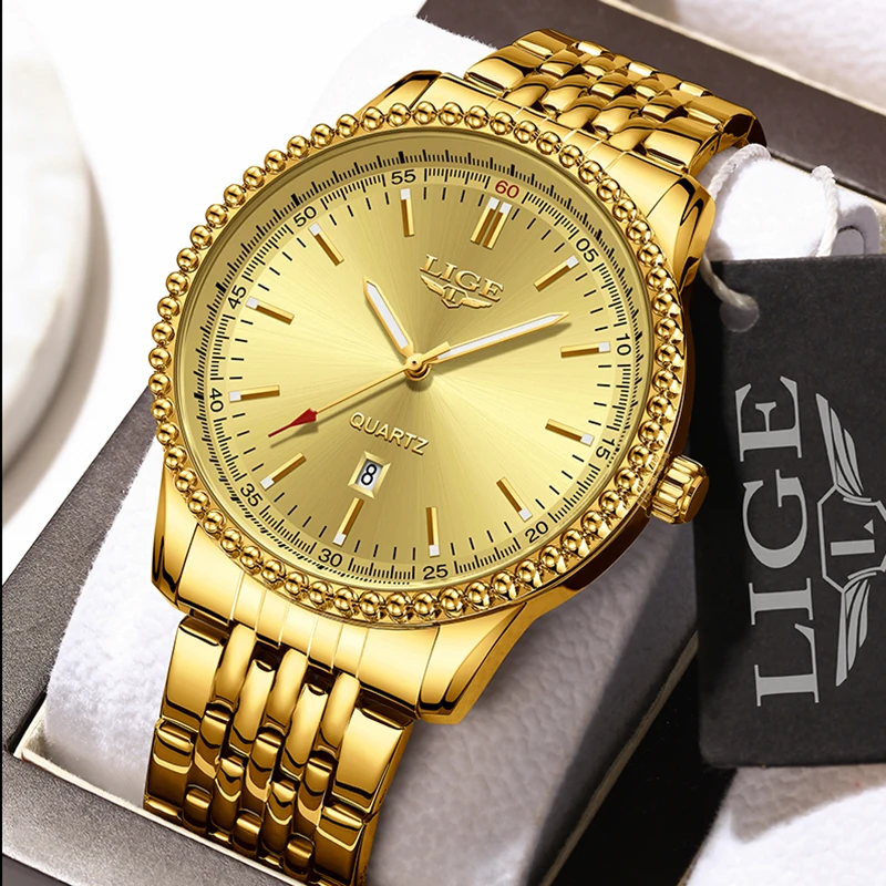 LIGE Gold Quartz Watch For Men Top Brand Luxury Men Watch Fashion Military Waterproof Chronograph Wristwatches Relogio Masculino