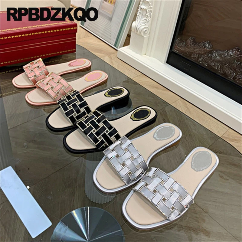 

Women Woven Diamond Sandals Metallic Ivory Silk Slippers Flats Shoes Open Toe Celebrity Slides Braided Satin Crystal Rhinestone