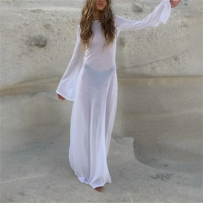 

Deeptown Sexy Backless White Long Dress Woman Elegant See Through Mesh Maxi Dress Beach Vacation Outfits Long Sleeve Dresses