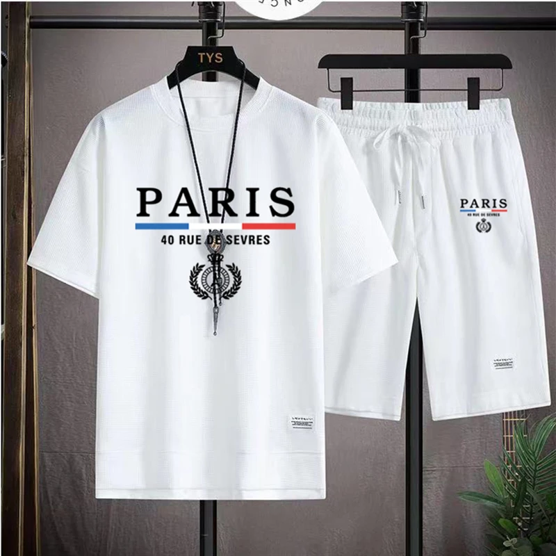 Men\'s Waffle Sets France Paris Casual T-Shirt + Shorts Set 2PC Summer Male Sports Suits Tracksuit Loose Suit Man T shirt Clothes