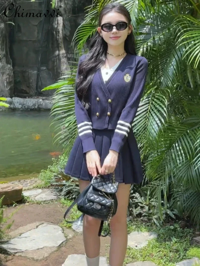 

2024 New Autumn College Style Vacation Two Dark Blue Knitted Jacket Pleated Skirt Two-piece Suit For Women