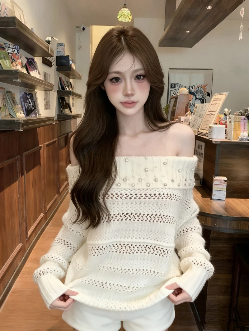 

Вязаный свитер Kumikumi Pure Desire Style с одним открытым плечом, расшитый бисером, с вырезами, женский, весенний, приталенный, повседневный, для работы