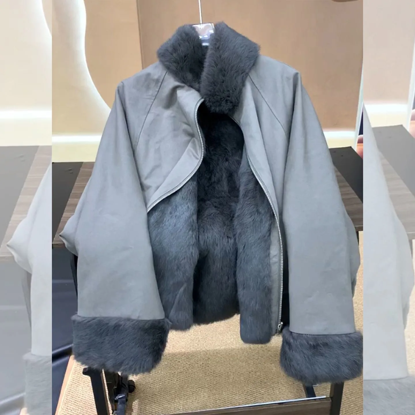 Gray Lamb Fur Lined Parka Coat Medium Length Women's Winter Outerwear Fluffy Soft Warm Commute Style Casual Fashion