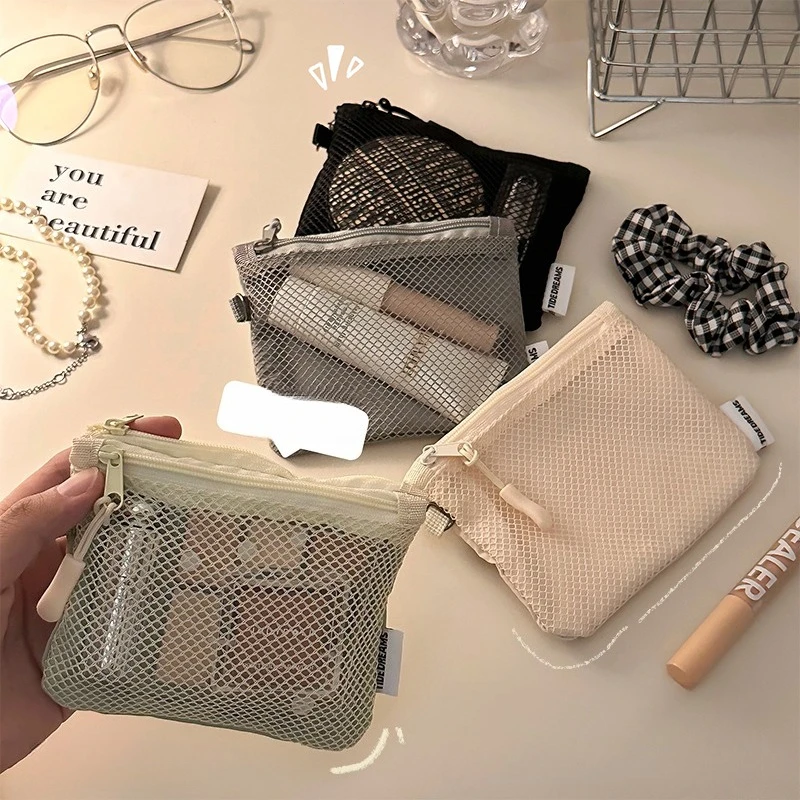 Bolsa de rejilla mini cartera de mano portátil bolsa de maquillaje cable de datos bolsa para auriculares almacenamiento de artículos pequeños bolsa de doble capa diseño simple