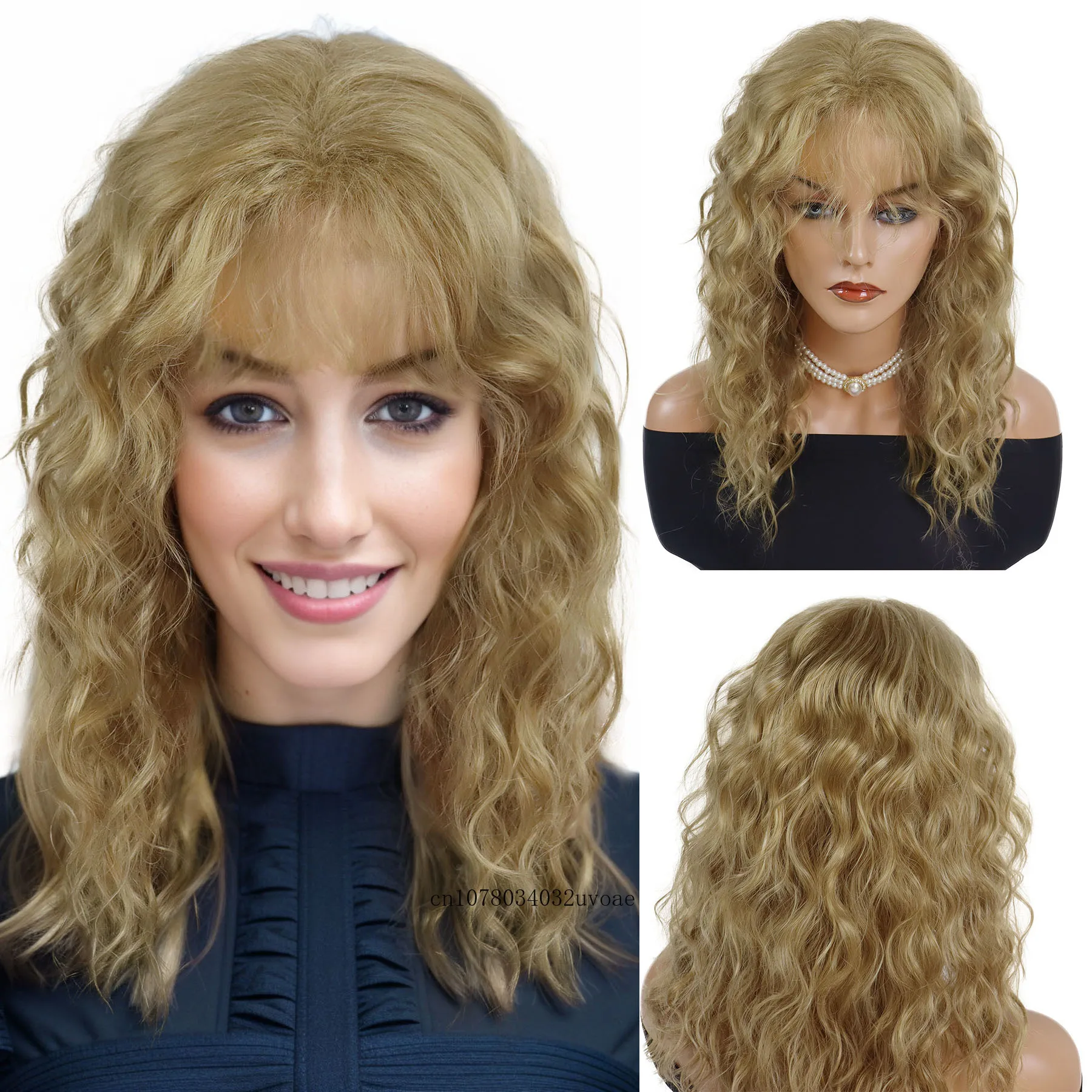 Synthetic Natural Mix Blonde Wig Long Curly Hair for Women Daily Use Layered Wig with Bangs Cancer Patient Gift Outfits Costume