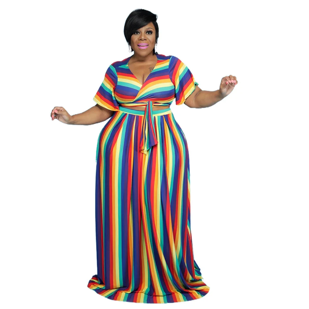 Plus Size Women\'s Suits 2023 Rainbow Stripe Large Size Suit New Trend Short Sleeve Sexy Suit Fashion Casual Female Clothes