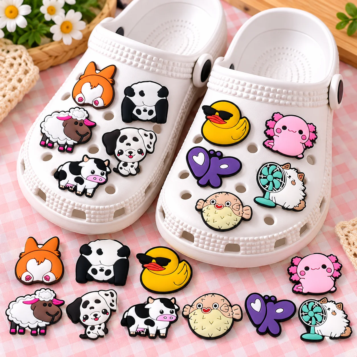 1/10pcs Cartoon Shoe Charms Pandas Dogs Cows Shoe Decorations Sheep Salamanders Butterfly Sandals Pins Accessories For Women Kid