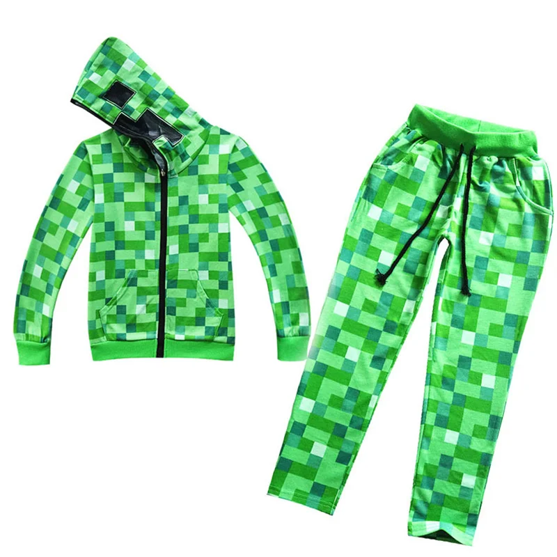 New Sportswear Kids Children Halloween Green Cosplay Costume Funny clothing Birthday Party boys M-Creeper games Set Headgear