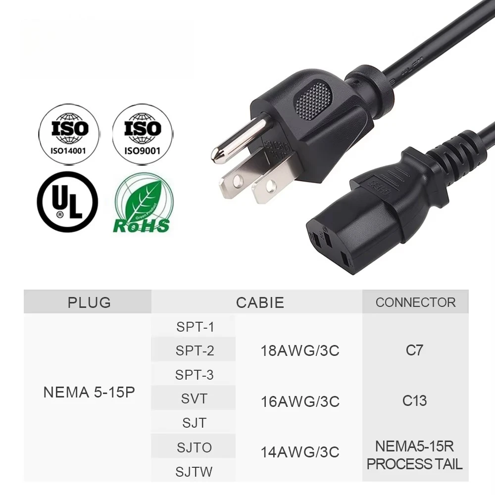 5pcs UL Approved 3 Pin Power Cable Prong Plug to IEC C13 Plug USA Power Cord NEMA 5-15p 1-15P Ac Power Cord