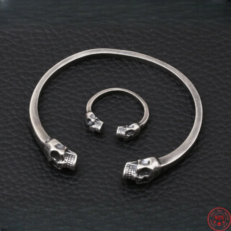 S925 Sterling Silver Charms Bracelets for Women Men Retro Double Skull-head Rings Bangle New Fashion Punk Jewelry Wholesale