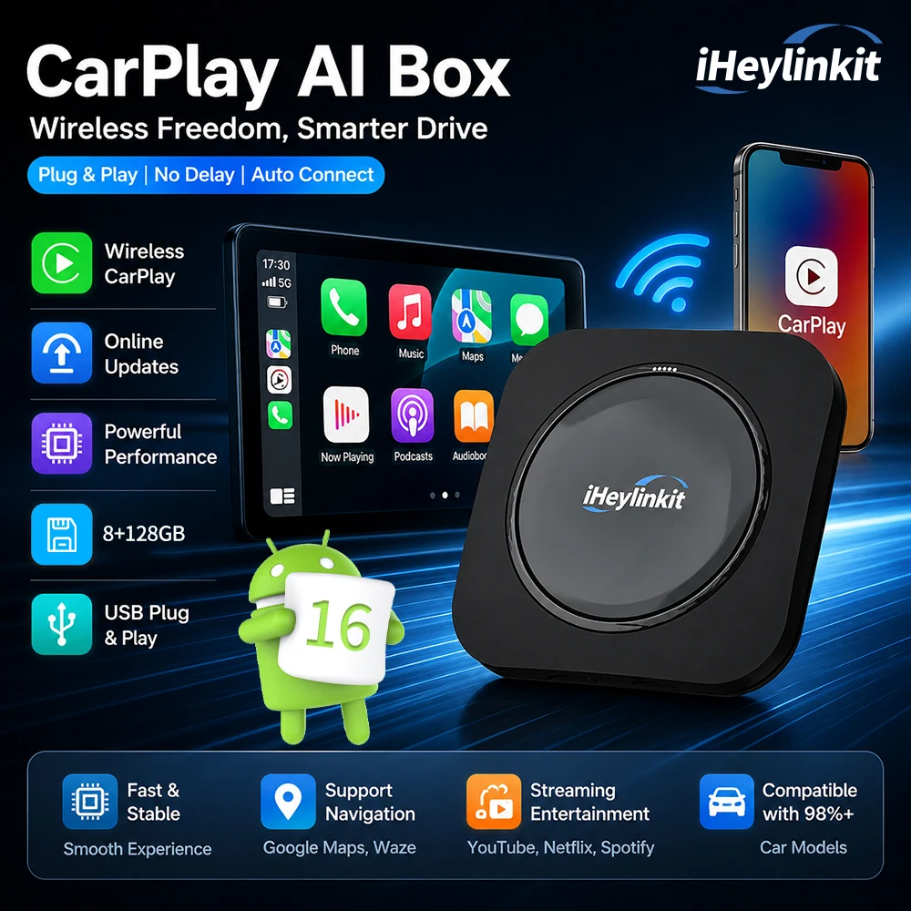 

iHeylinkit Wireless CarPlay Android Auto Smart AI Box QCM6115 Android 16.0 128GB SmartLink GPS Car Accessories