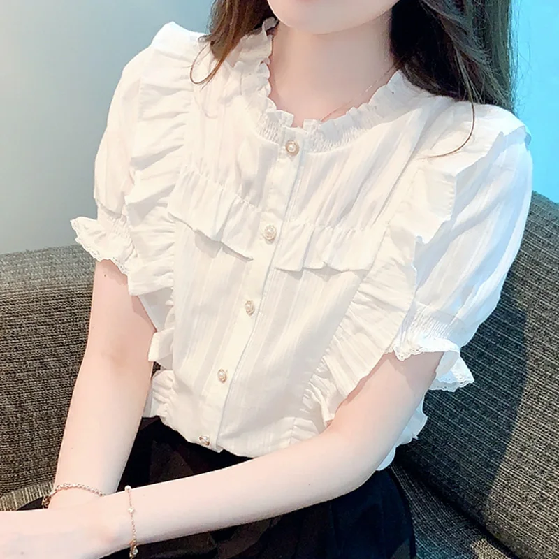 Elegant Summer Ruffle Lace Blouse Woman Casual Puff Short Sleeve French White Shirt Ladies Tops Sweet Women Clothes Blusas 27473