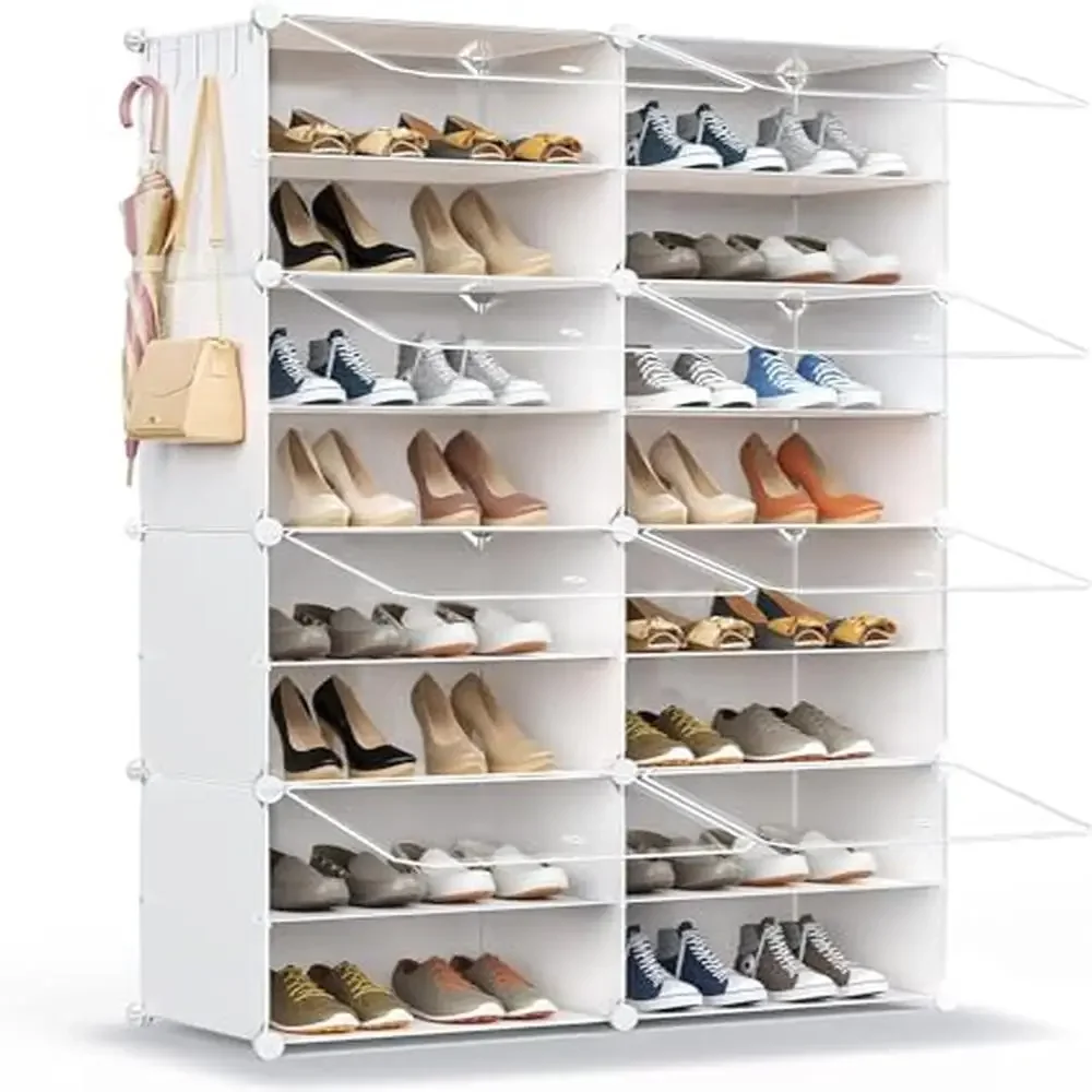 Shoe Rack Organizer with Transparent Door 32 Pair Shoe Storage Cabinet Space Saving Plastic Closet Shelf