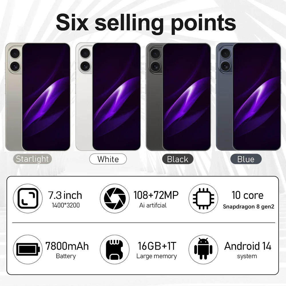 New I16 Pro Max Smartphone 7.3Inch telefone 7800mAh 16+1TB Cell phones Camera 5G Unlock Mobile Phones