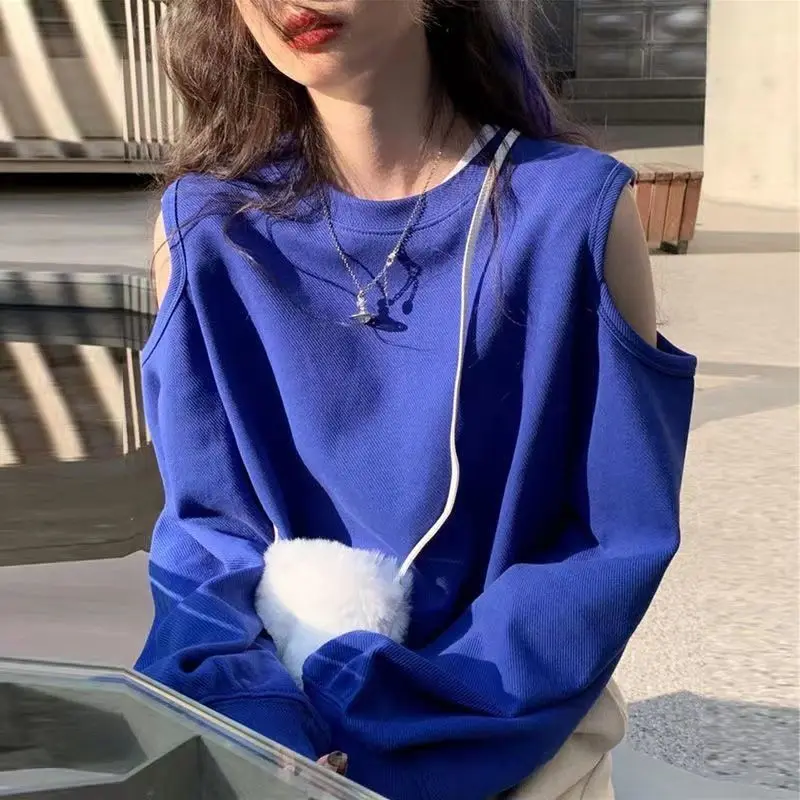 Fashion O-Neck Spliced Off Shoulder Hollow Out T-Shirt Women\'s Clothing 2022 Autumn New Casual Pullovers Loose Korean Tee Shirt