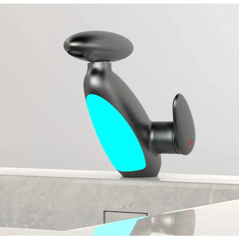 

New Design Penguin Grey Waterfall Single Hole Bathroom Sink Faucet 3 Colors Light Changing Pull Out Vanity Faucets