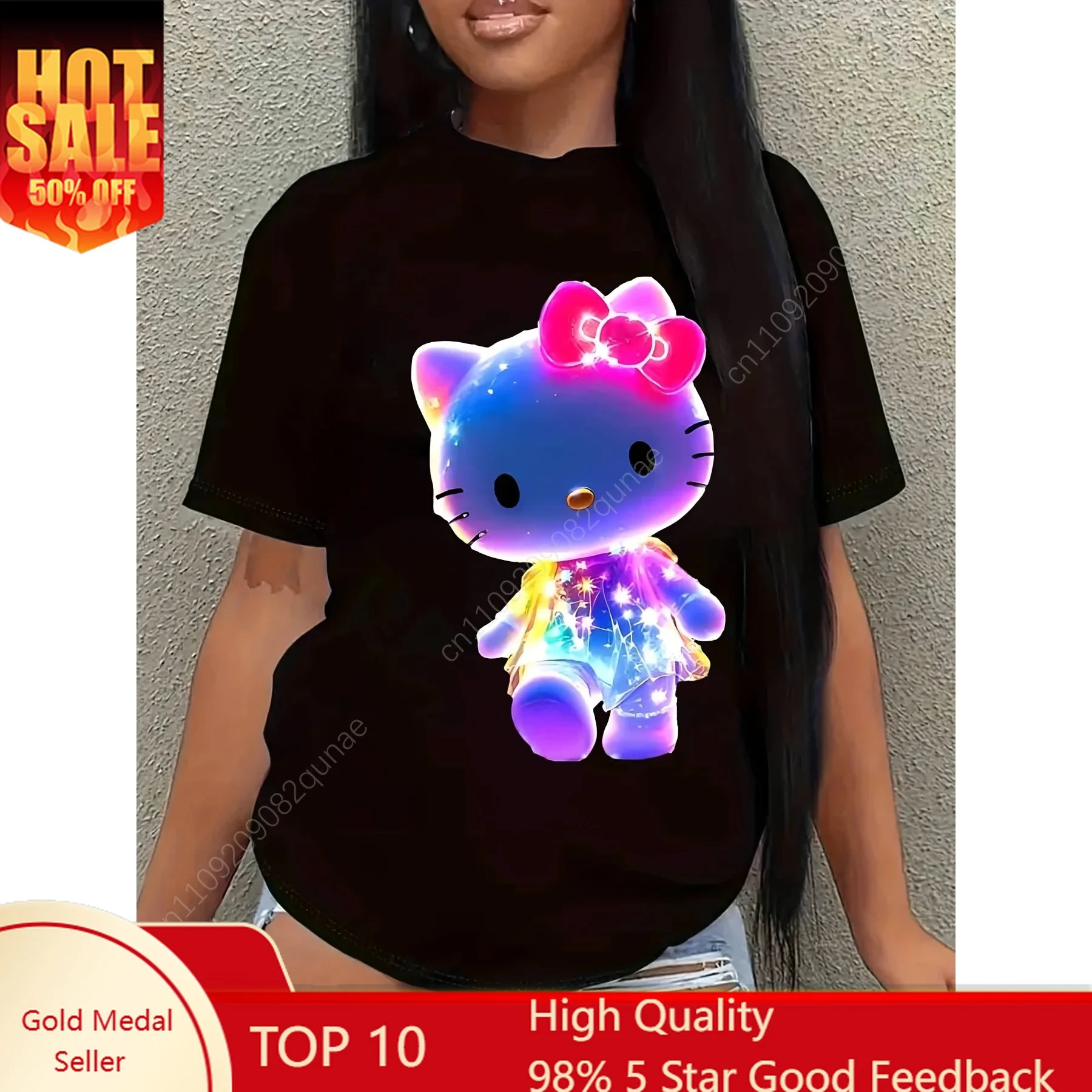 

Hello Kitty T-Shirt Sanrio Girl Woman Summer New Products Cute Cartoon Elegant Party Clothes Beach Vacation Short Sleeve