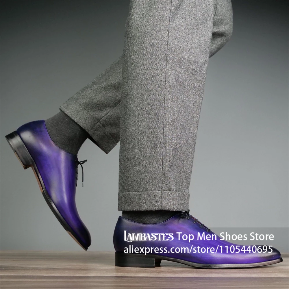 Hand Painted Gradient Oxford Dress Shoes Wholecut Patina Leather Formal Oxford Shoes Glossy Brush Off Lace Up Business Men Shoes