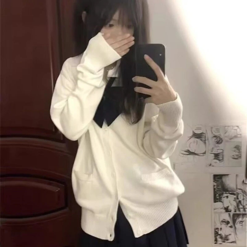 Original genuine white JK uniform cardigan jacket knitted sweater top cute Japanese college style long sleeved sweater