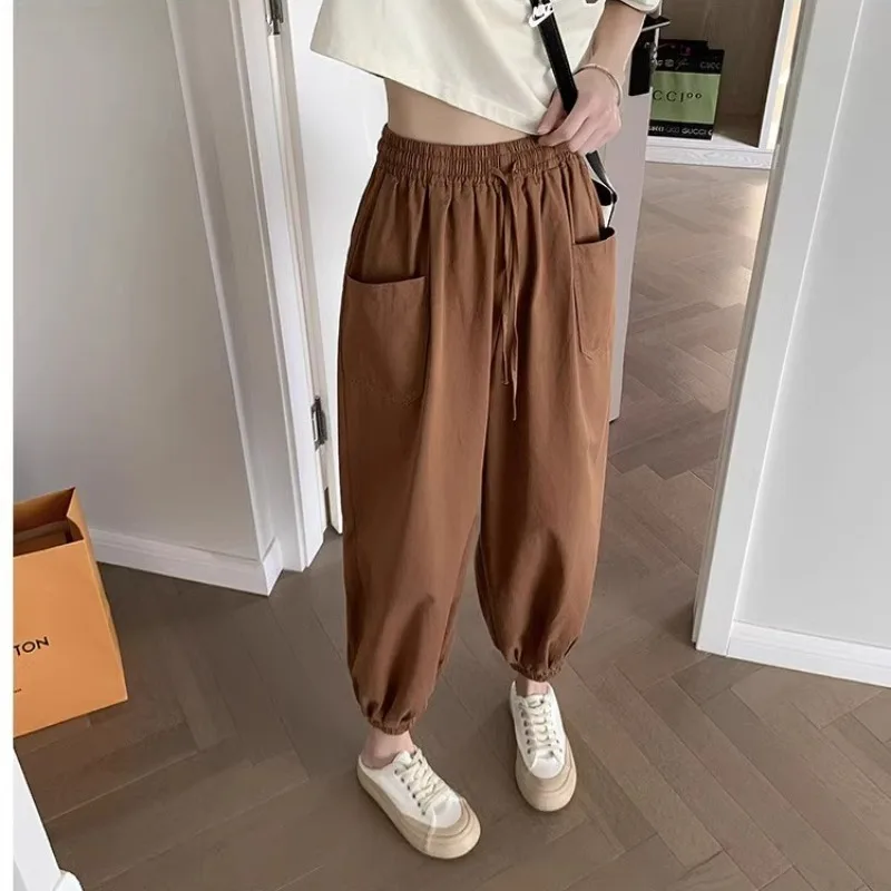 2024 New Women's Summer Solid Color Pocket High Waist Casual Slim Fit Loose Tie Feet Wide Leg Cotton and Hemp Lantern Crop Pants