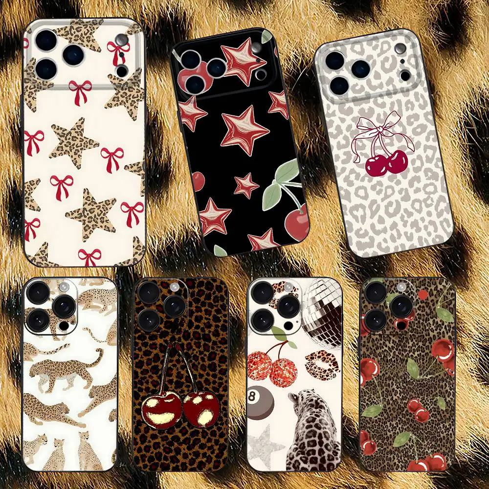 

Leopard Print Cherry Star Phone Case For iPhone 17,16,15,14,13,12,Pro,Max,Plus,E,SE4,Air,Mini Black Soft Box